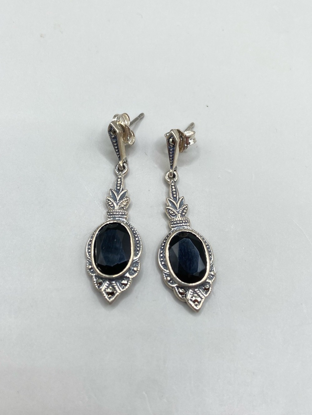 Vintage Sterling Silver Black Onyx Marcasite Pineapple Post Drop Earrings - Picture 5 of 6